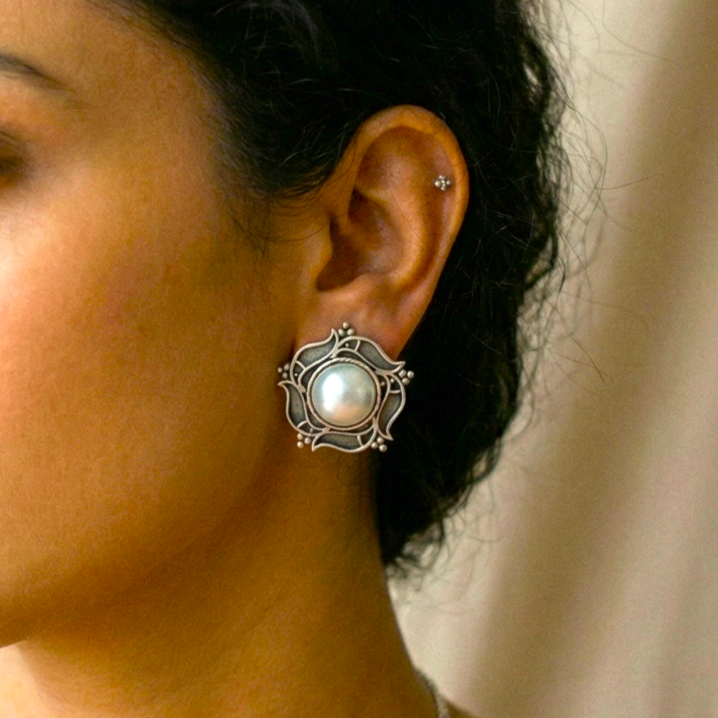 German Silver Pearl Studded Floral Eartop