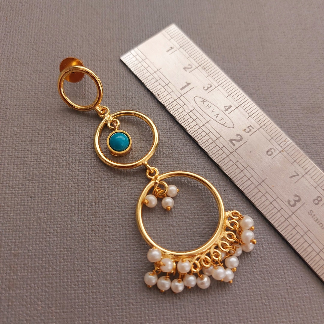 Dangler Earrings: Pearl and Turquoise Stone Golden Cascade