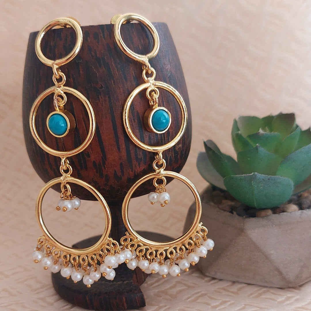 Dangler Earrings: Pearl and Turquoise Stone Golden Cascade