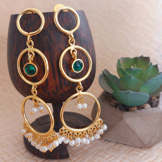 Dangler Earrings: Pearl and Emerald Stone Golden Cascade