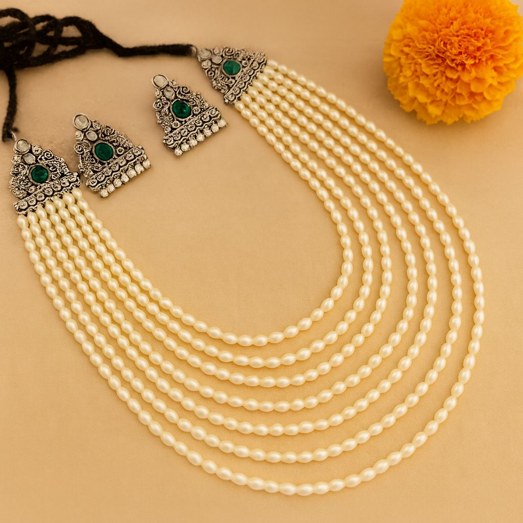 Shubhra: Layered Pearl Necklace Set: Green (Limited Edition)