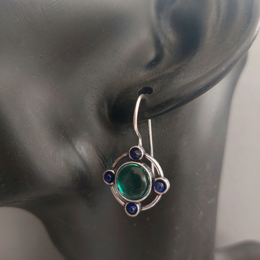 Jade Orbit : Silver Toned Green and Blue Hoop Earring