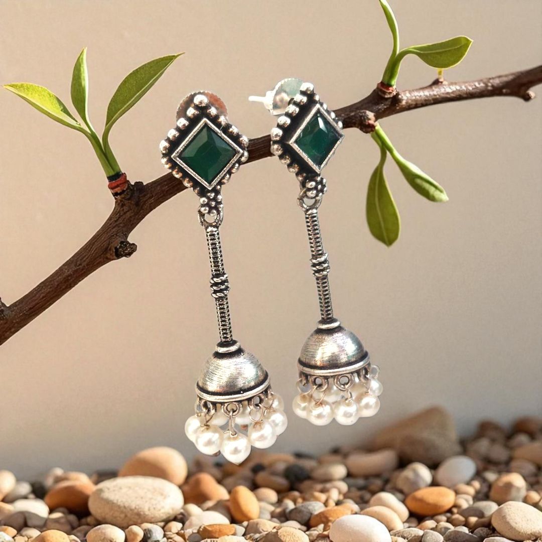 Jhumka Delight: Emerald Green Stone Silver Toned Jhumka
