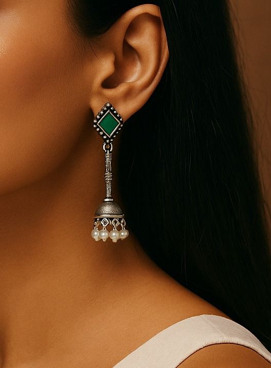 Jhumka Delight: Emerald Green Stone Silver Toned Jhumka