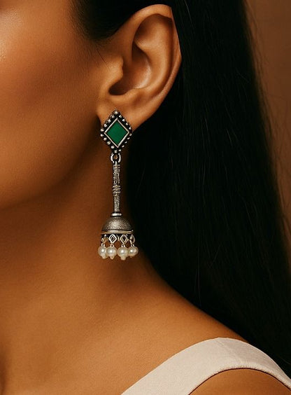 Jhumka Delight: Emerald Green Stone Silver Toned Jhumka
