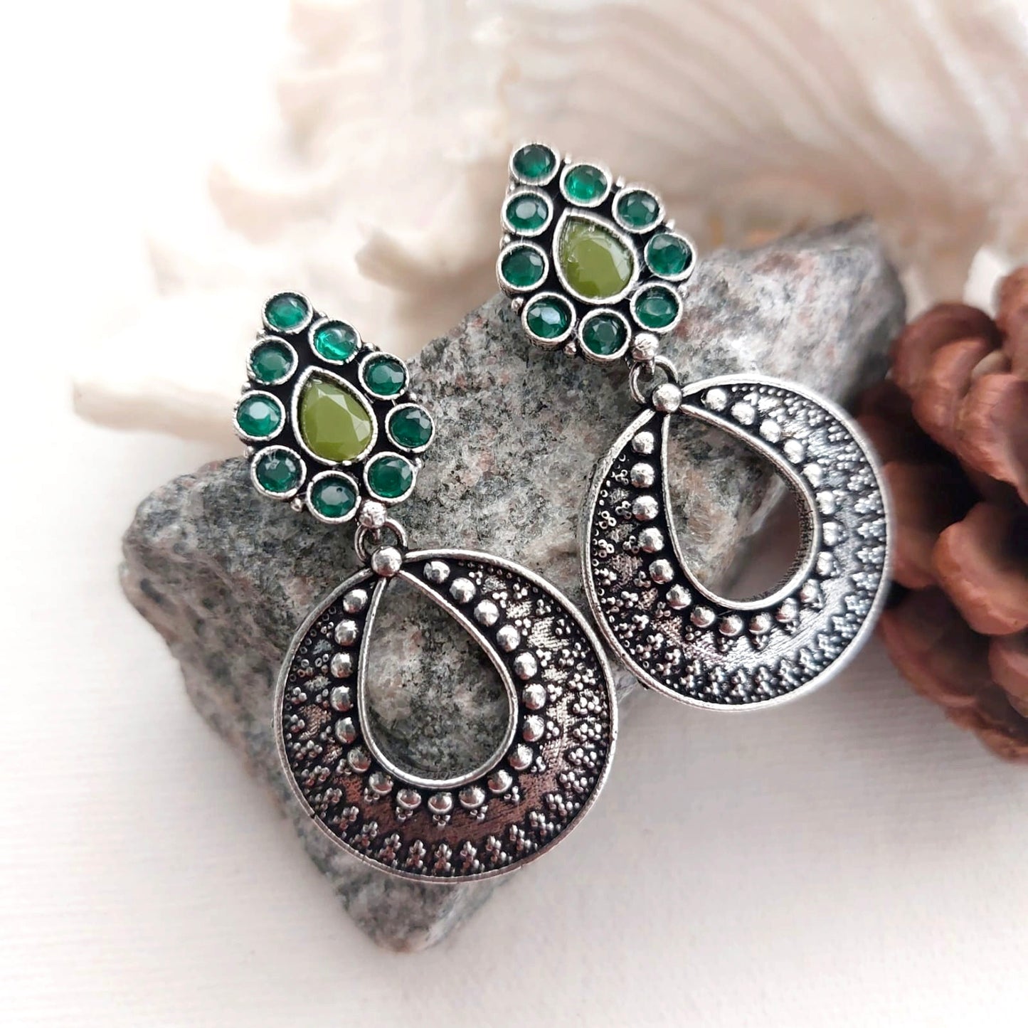 Gorgeous Green Stone  Silver Replica Long Earring