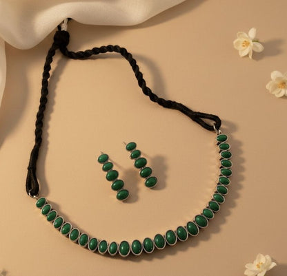 Emerald Linea: Green Stone Necklace and EarringSet