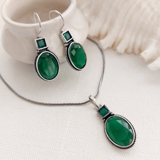 Mystical Moss: Silver Tone Pendant And Earring Set