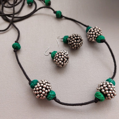 Emerald Luster: Green Thread Bead and Silver Toned Beaded Necklace