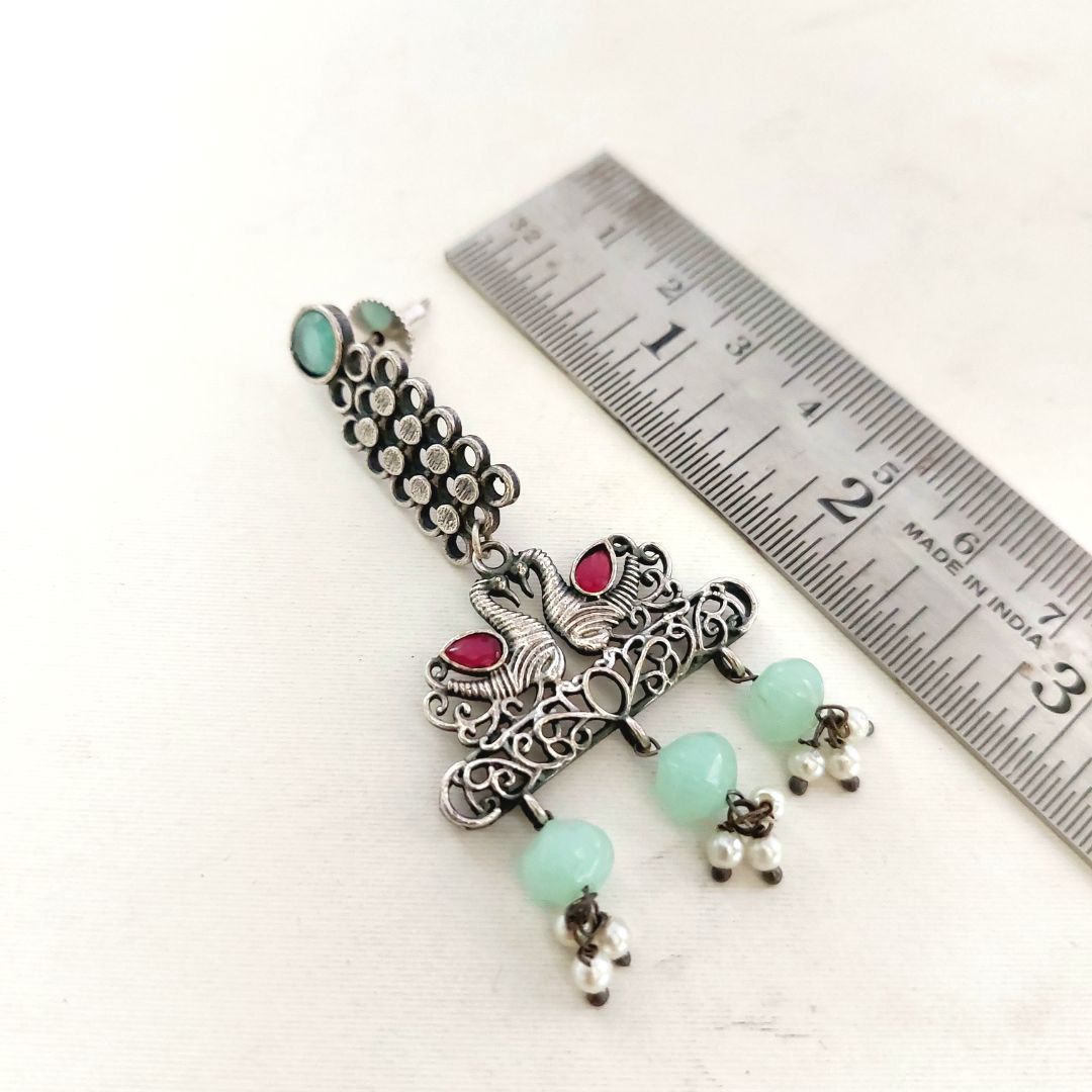Royal Hamsa: Mint Green and Pink Stone Long Earrings