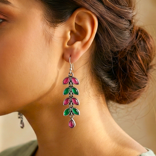 Stone Studded Long Earrings- Green and Pink