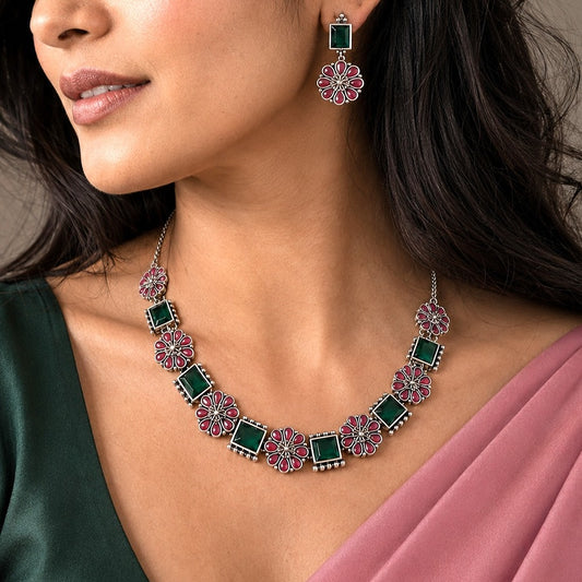 Blooming Flora: Green and Pink Stone Festive Necklace and Earring Set
