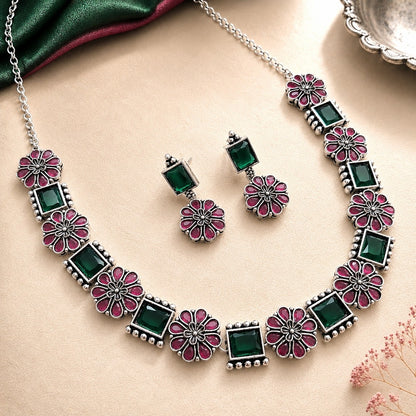 Blooming Flora: Green and Pink Stone Festive Necklace and Earring Set