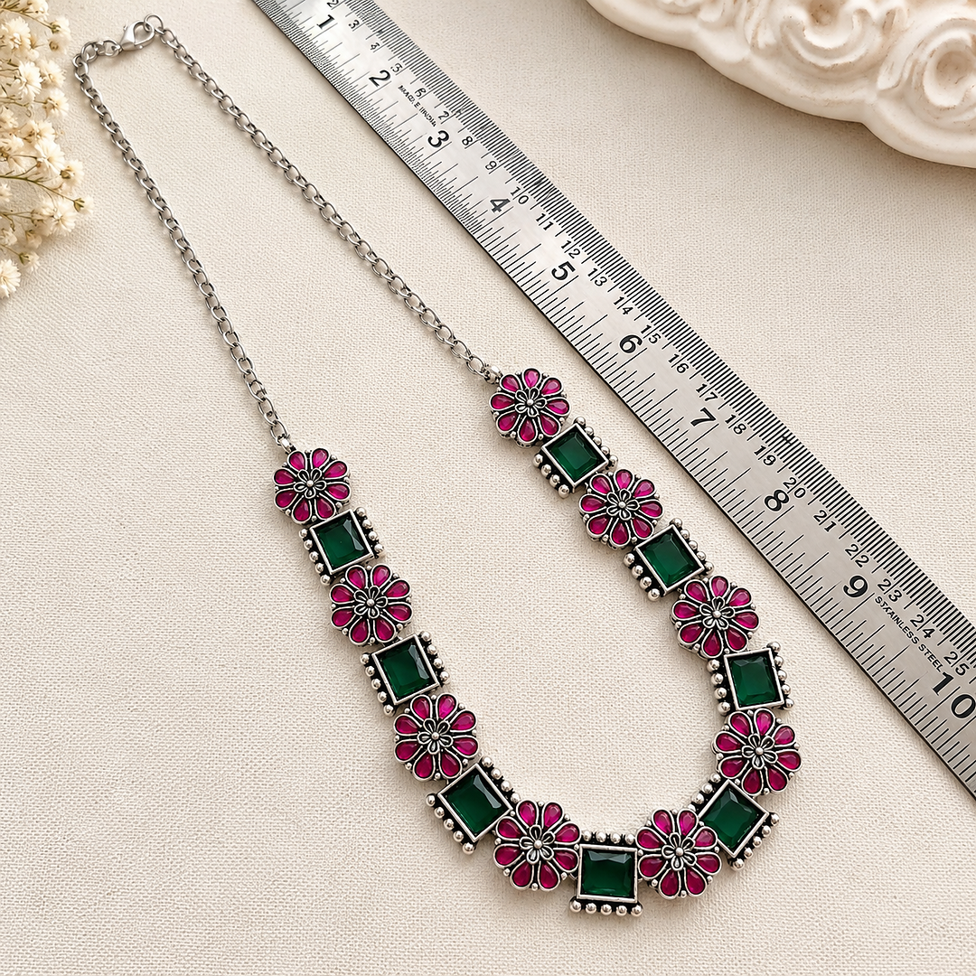 Blooming Flora: Green and Pink Stone Festive Necklace and Earring Set