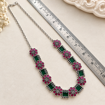 Blooming Flora: Green and Pink Stone Festive Necklace and Earring Set