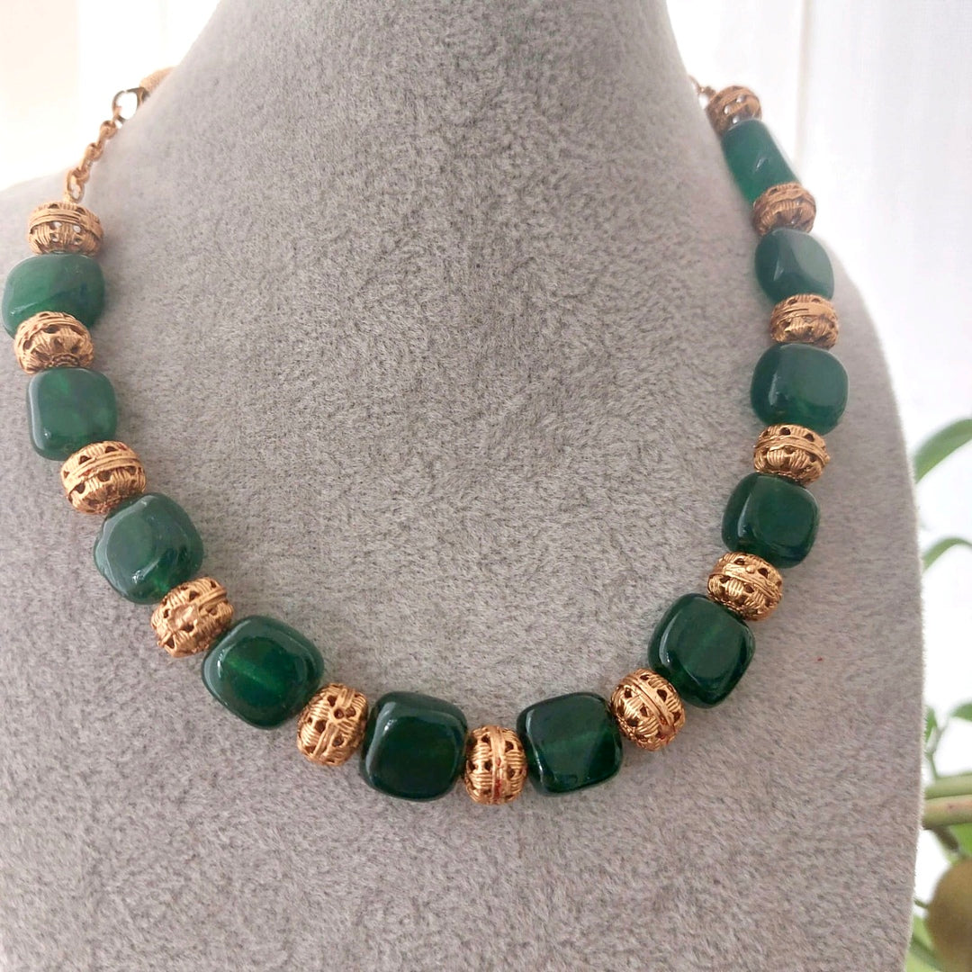 Golden glow: Green Square Beads Necklace