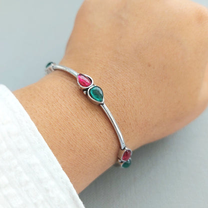 Adjustable Bracelet: Green and Pink Silver Toned Bracelet