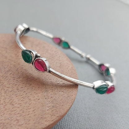 Adjustable Bracelet: Green and Pink Silver Toned Bracelet