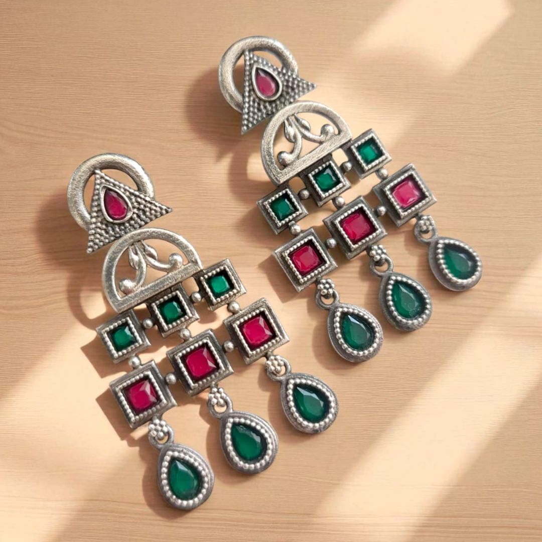 Fusion Geometry: Green and Pink Stone Danglers