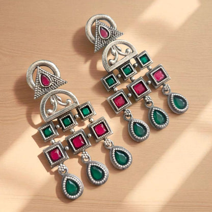 Fusion Geometry: Green and Pink Stone Danglers