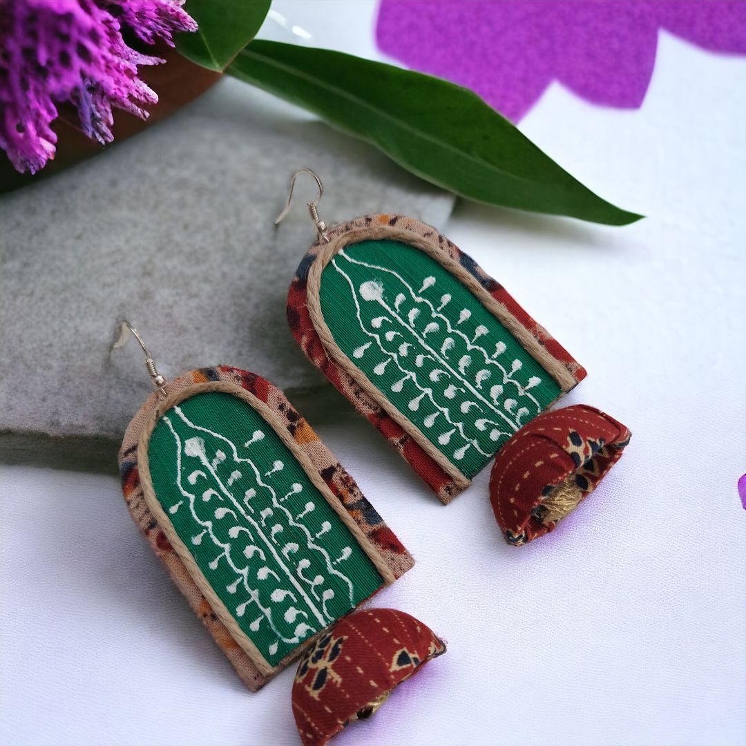 Enchanting Green and Maroon Natural Dye Fabric Earring with Jhumkas