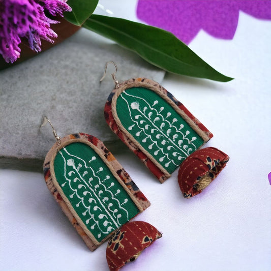 Enchanting Green and Maroon Natural Dye Fabric Earring with Jhumkas