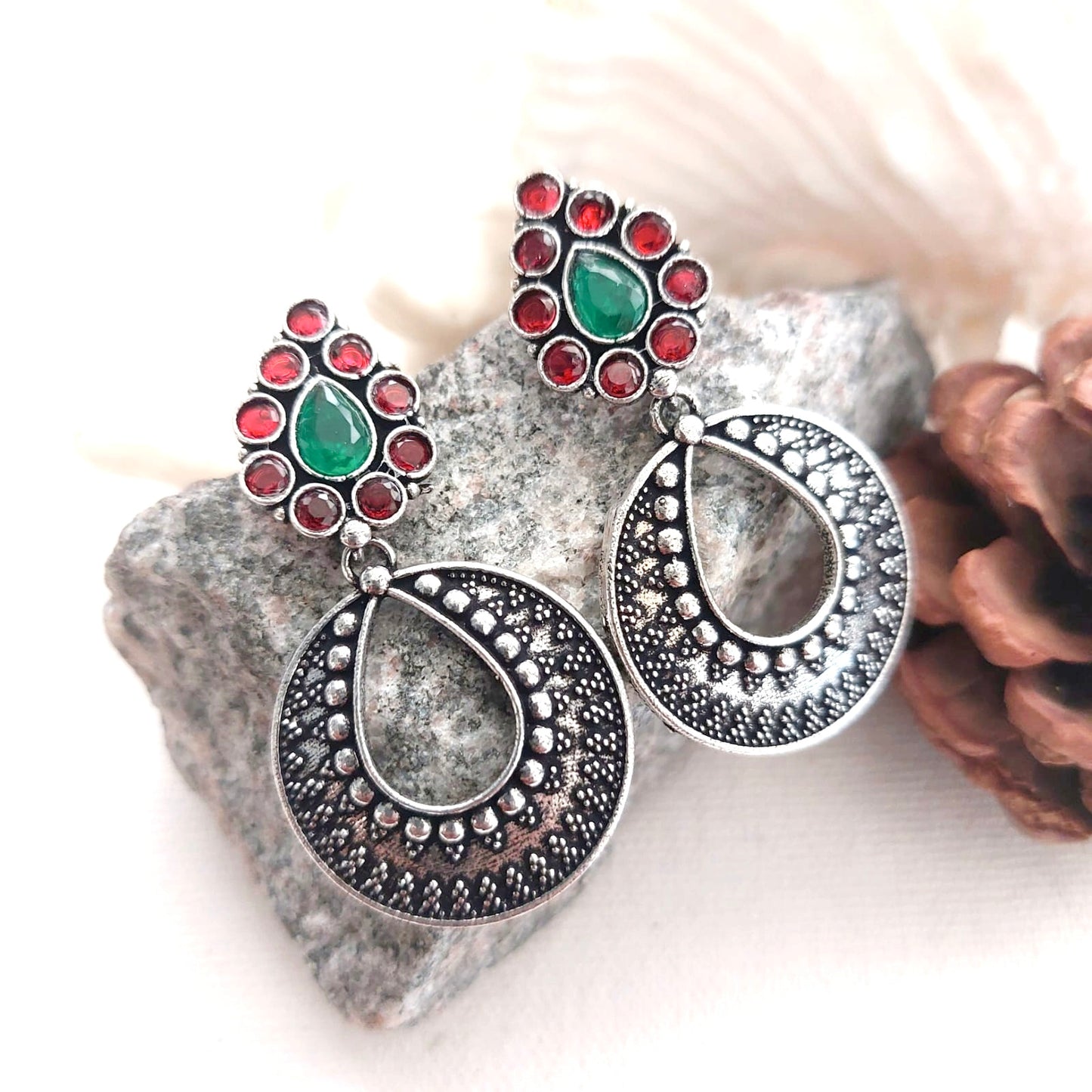 Rich Red and Green Stone Silver Replica Long Earring