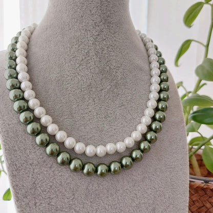 Deep Green & White : Double Layered Pearl Necklace Set