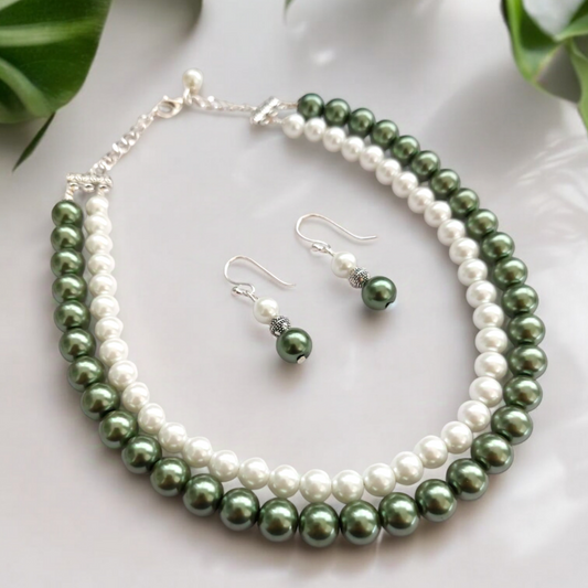 Deep Green & White : Double Layered Pearl Necklace Set