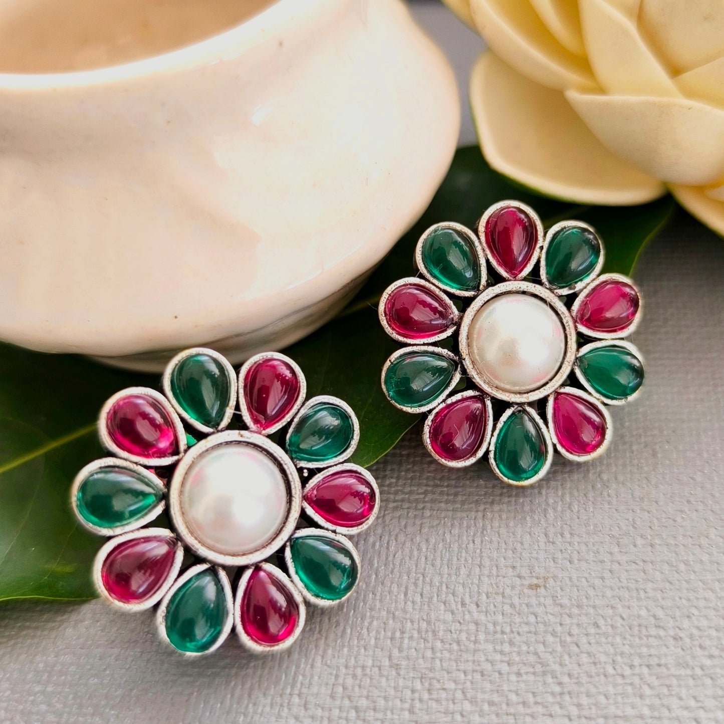 Floral Delight:Green and Pink stoned Pearl Centered Earrings