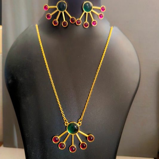 Utsav Grandeur : Green and Pink Stone Pendant and Earring Set