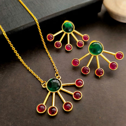 Utsav Grandeur : Green and Pink Stone Pendant and Earring Set