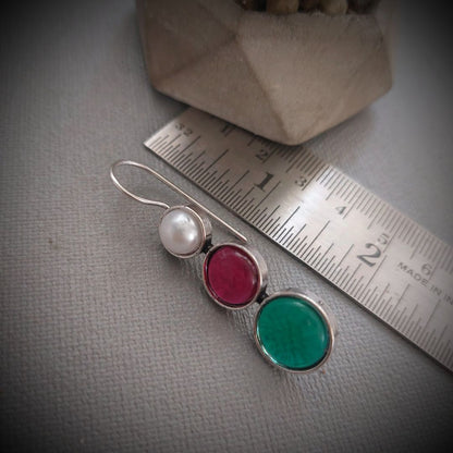 Stone Studded Earring - Pearl with Green and Pink Stone