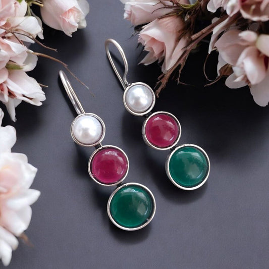 Stone Studded Earring - Pearl with Green and Pink Stone