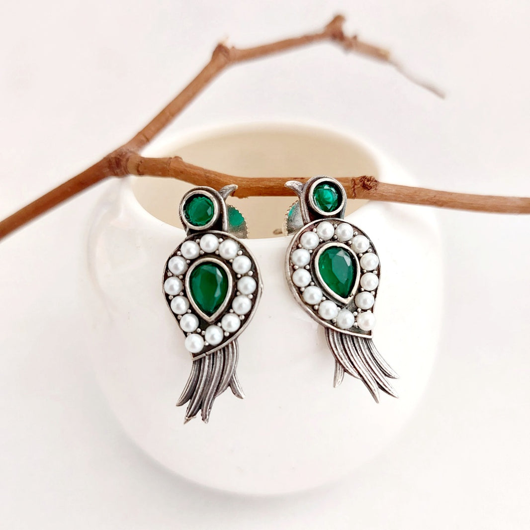 Green - Saanjh Bela Bird-Flower Oxidised Earrings