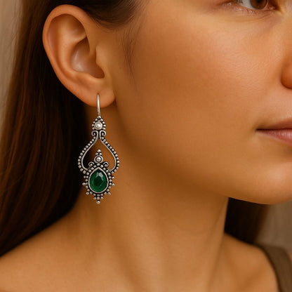Ripple Curve: Silver Toned Green Stone Earring