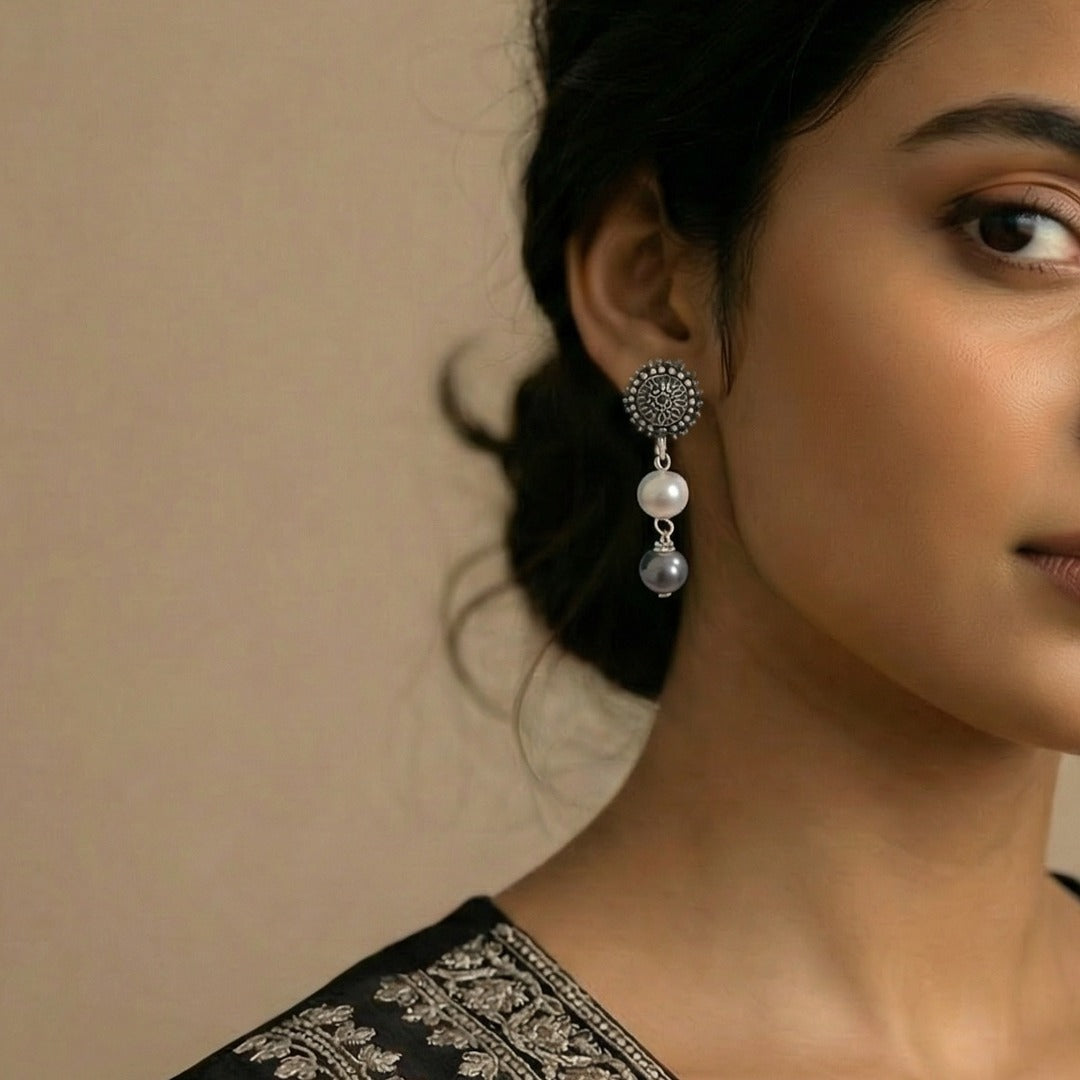 Fusion Drops: White and Grey Pearl Drop Earrings