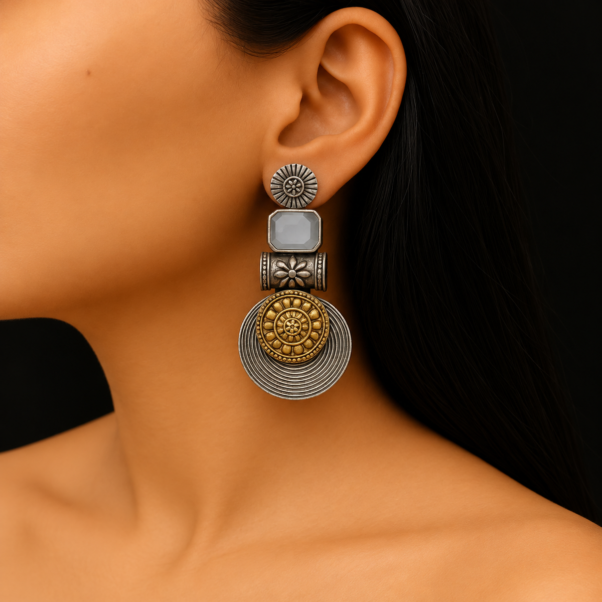 Statement Disc Dangler: Two-Tone Light Grey Stone  Stud Danglers