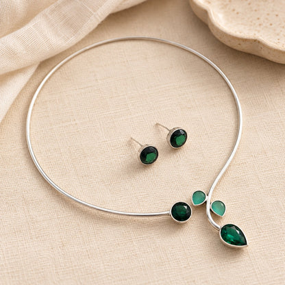 Rajata: Silver Toned Hasli With Deep Green and Light Green Stones