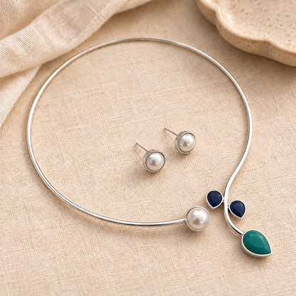 Rajata : Silver Toned Hasli with Pearl , Teal, and Deep Blue Stones
