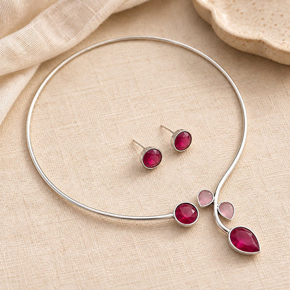 Rajata: Silver Toned Hasli with Deep Pink and Soft Pink Stones