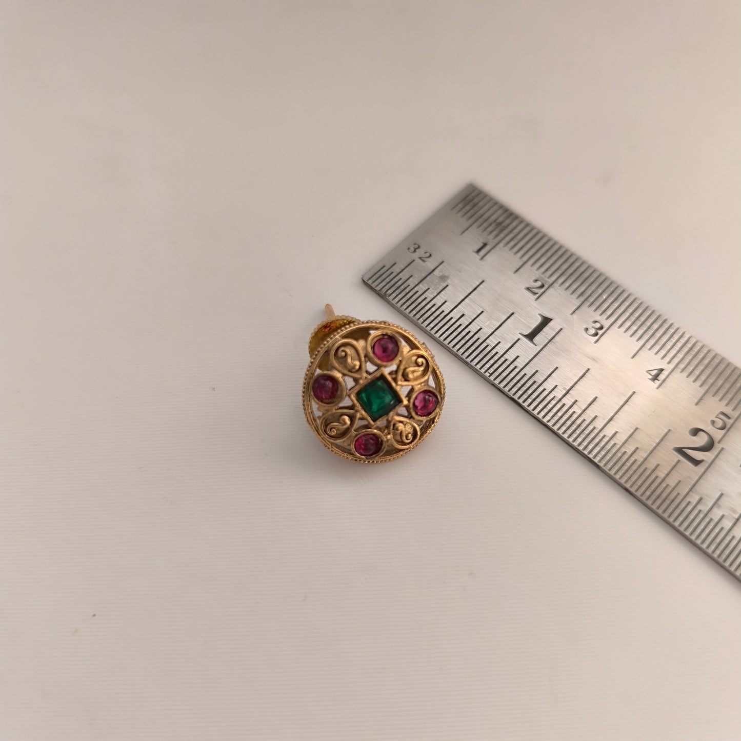 Chandrika: Gold Toned Pink and Green Stoned Necklace and Earring Set