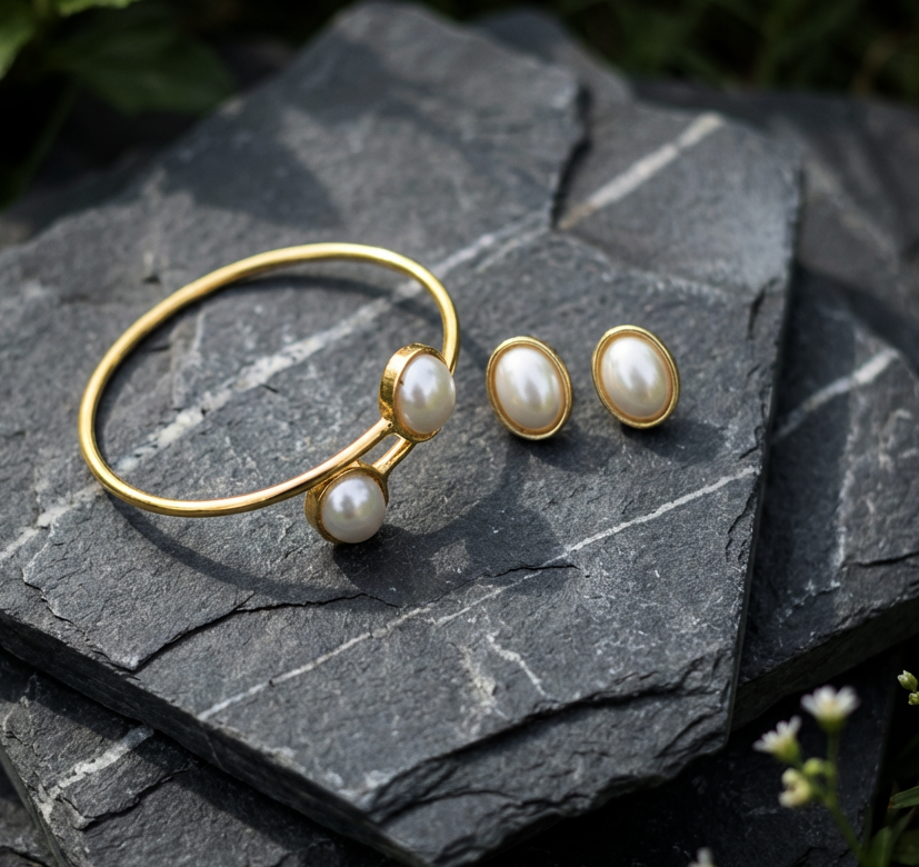 Ruhani Combo Set: Gold Toned Pearl Studded Bracelet and Earring