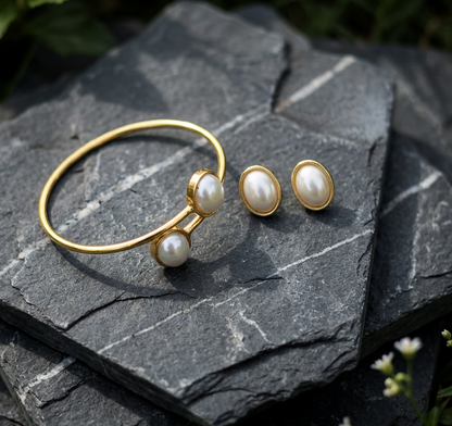 Ruhani Combo Set: Gold Toned Pearl Studded Bracelet and Earring