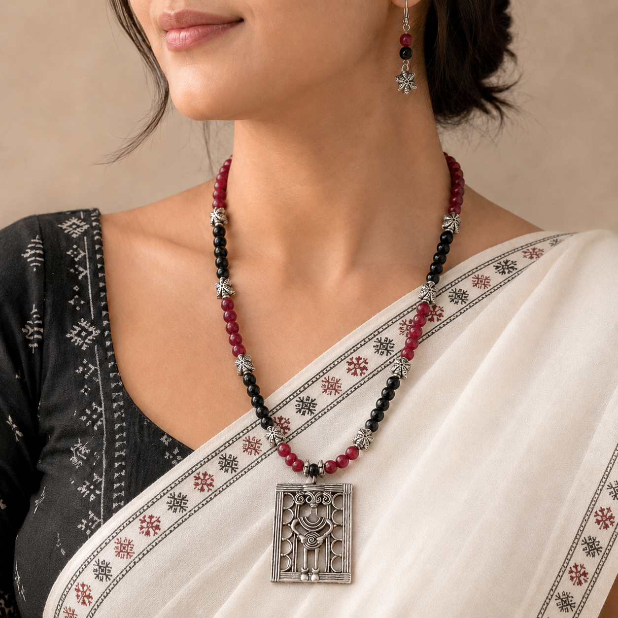 Indie Soul: Red and Black Beaded Necklace with Statement Pendant