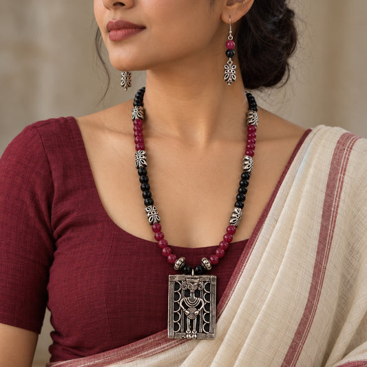 Indie Soul: Red and Black Beaded Necklace with Statement Pendant