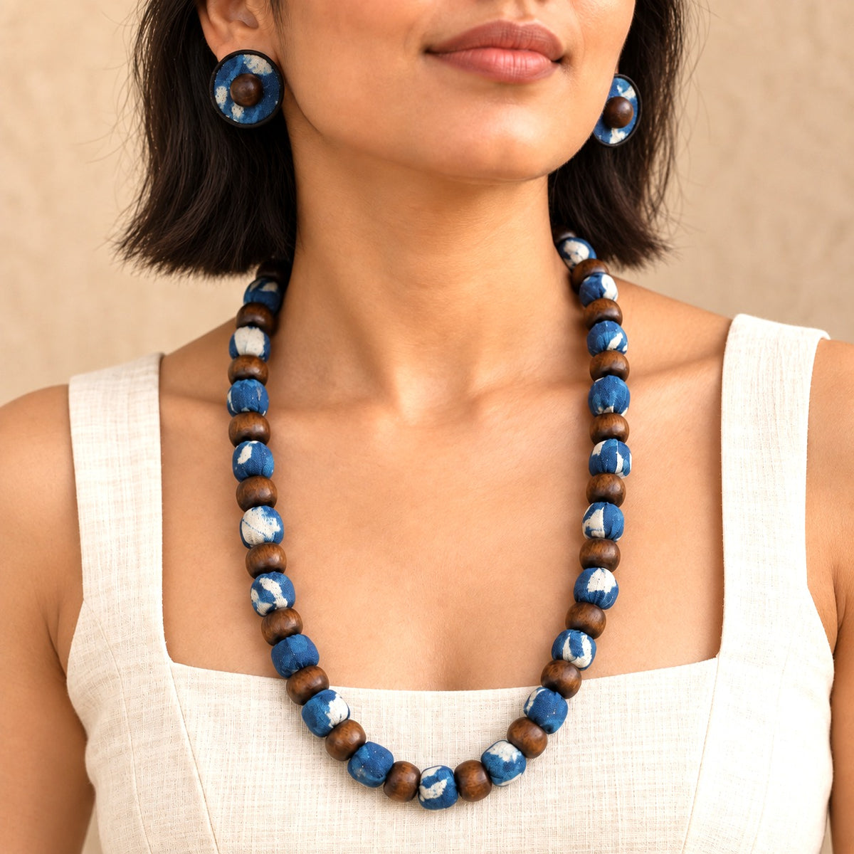Indigo Trails: Indigo Fabric Beaded Necklace and Earring Set