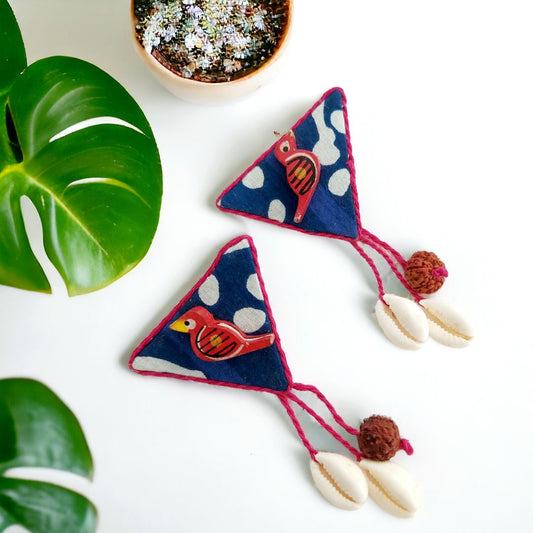 Indigo Fabric Triangular Earrings with Red Wooden Bird Accent