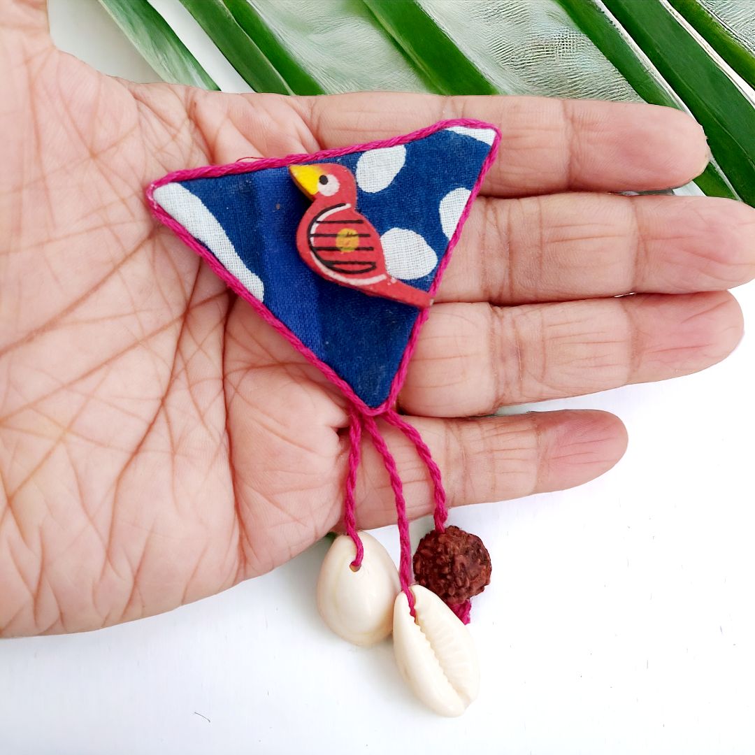 Indigo Fabric Triangular Earrings with Red Wooden Bird Accent