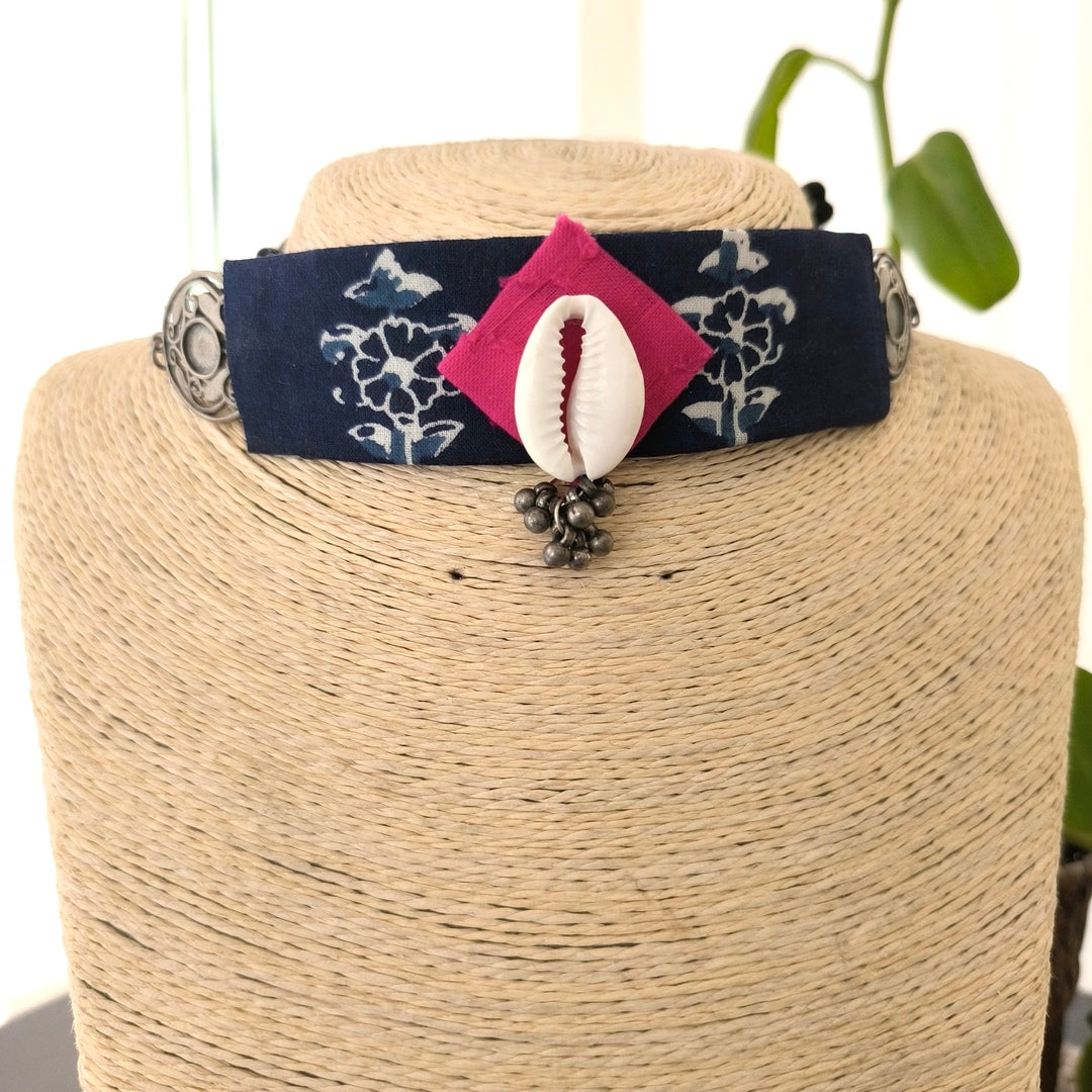 Seashell Tassel: Indigo and Pink Fabric Chocker Set